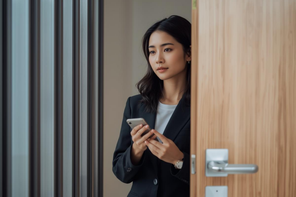 スマホでスマートロックを確認する女性（危険性を知って対策するイメージ）