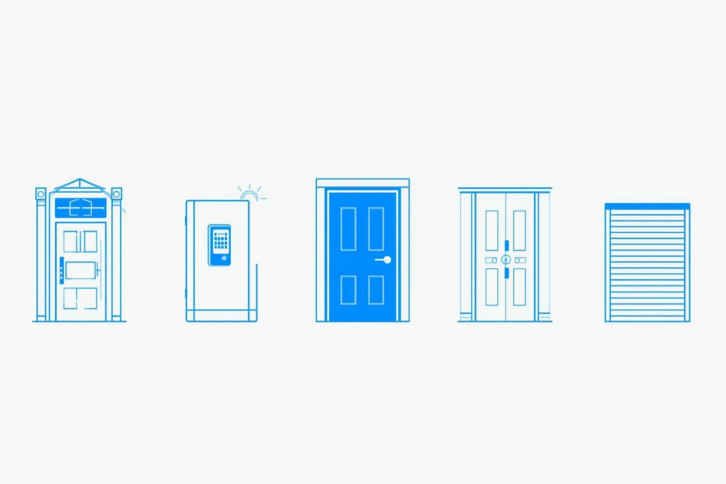 家庭の玄関から施設エントランスまで、スマートロックの設置場所をまとめたイメージ