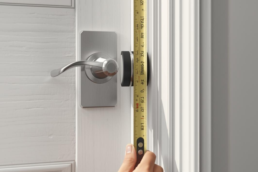 スマートロック購入前の確認として、室内側の玄関ドアの厚みをメジャーで測定している様子。サムターンとシリンダーが見える