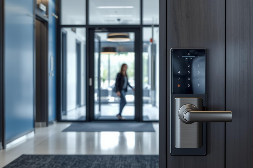 オートロック付きエントランスで入退室を管理するイメージ