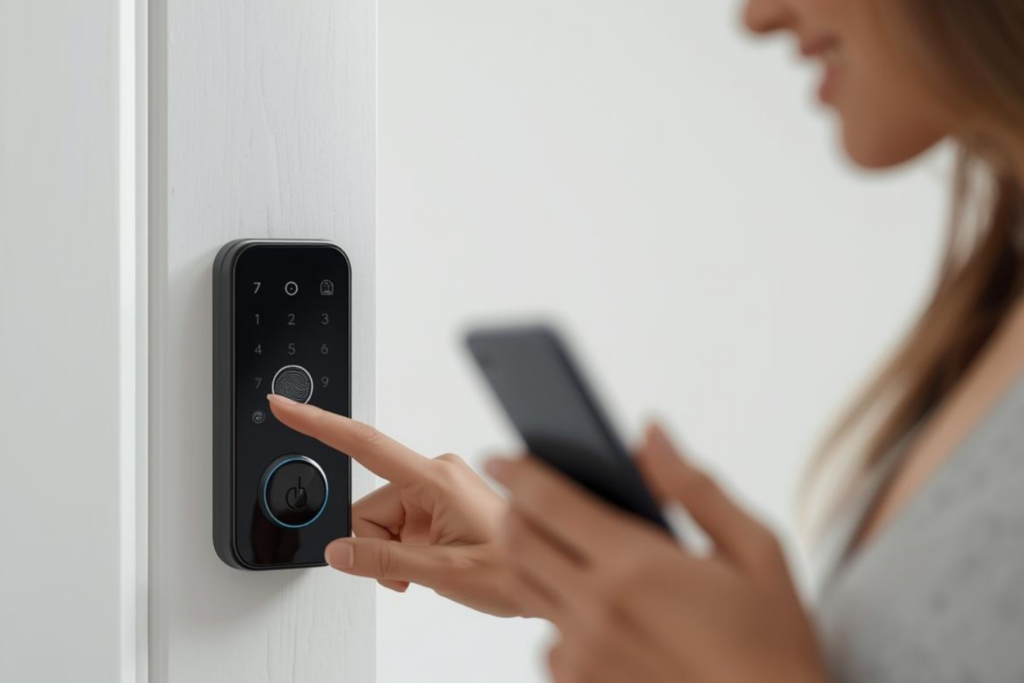 指紋認証スマートロックでスムーズに入室する女性