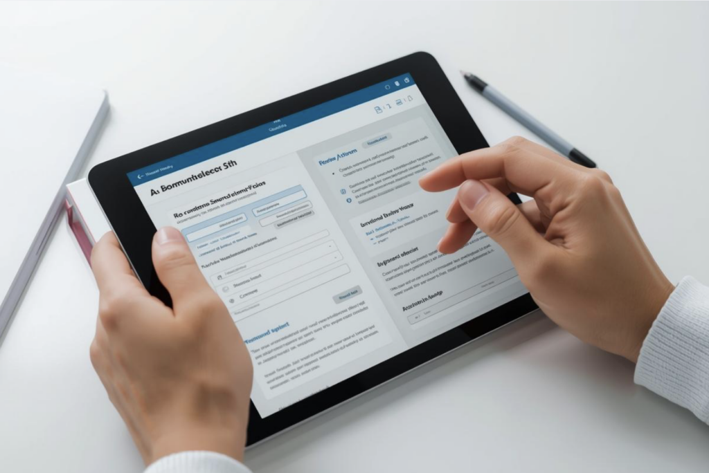 仕様表をチェックしている写真／ドアの採寸／スマホ設定画面など