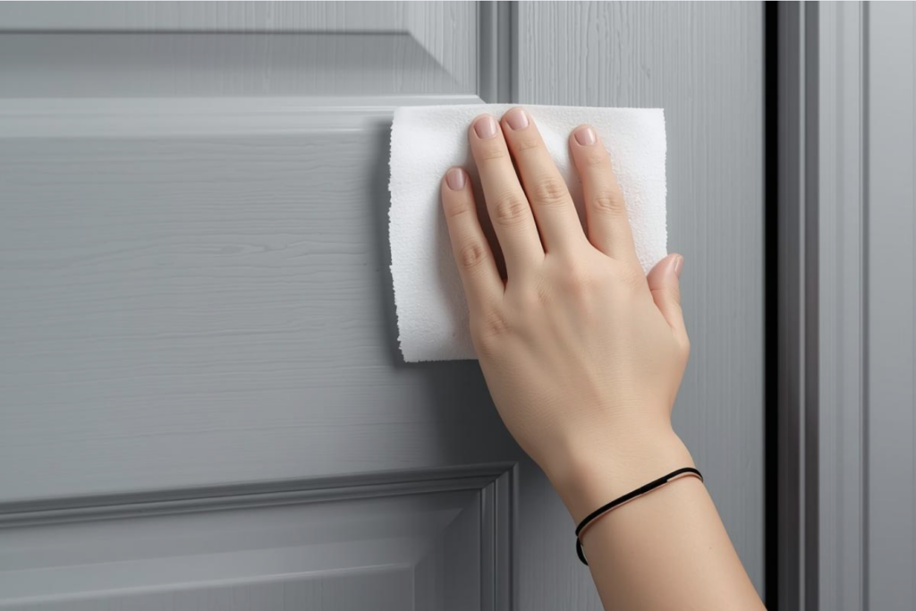 両面テープ施工前にドア面を脱脂して準備するイメージ