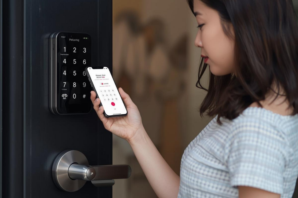 暗証番号を変更できるスマートロックでセキュリティを高めるイメージ（後付け玄関）