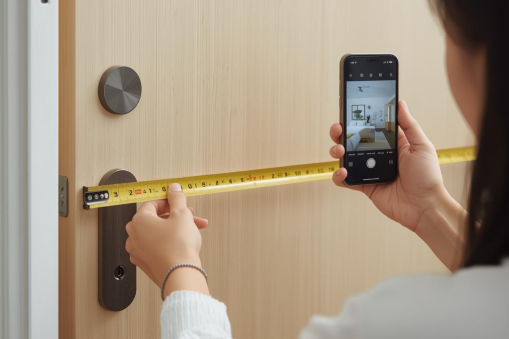 引き戸の鍵まわりをスマホとメジャーで確認している様子