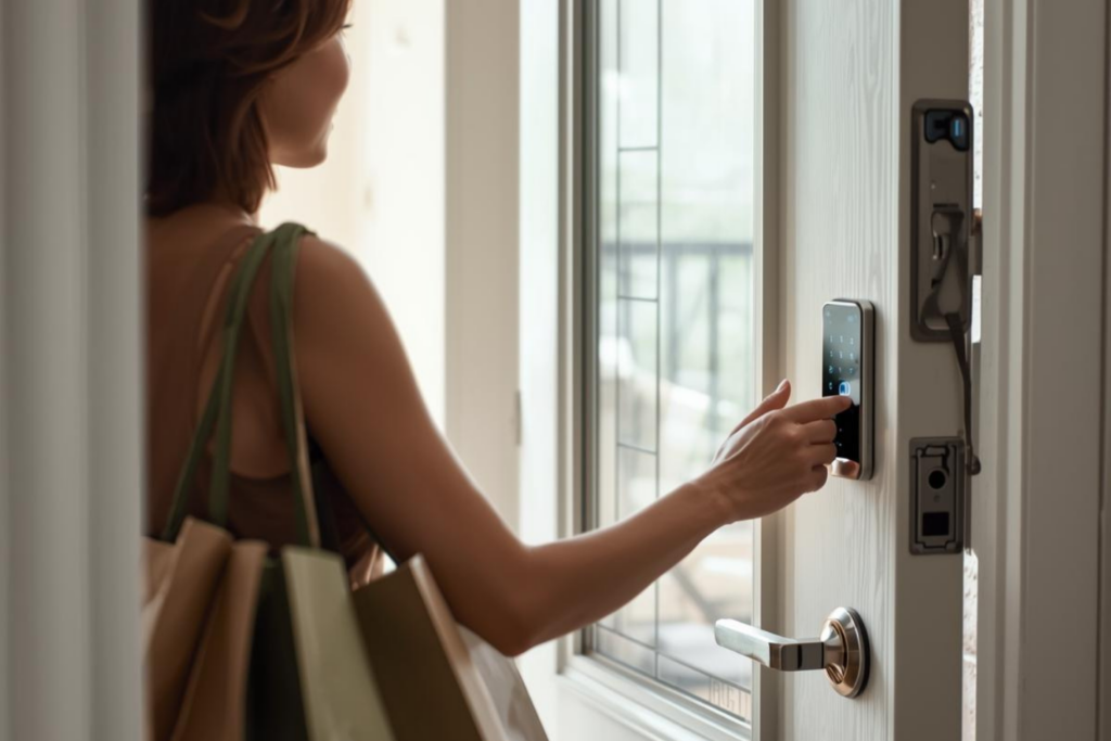 買い物袋を持ったまま指紋認証で解錠する女性