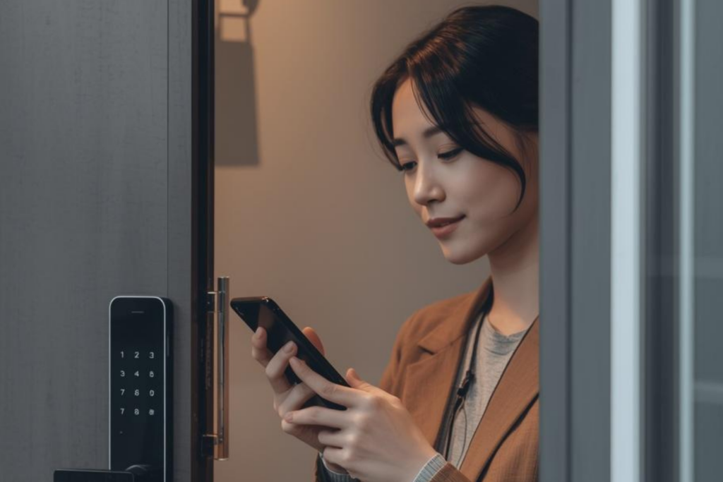 玄関でスマホ操作するスマートロックの利用イメージ