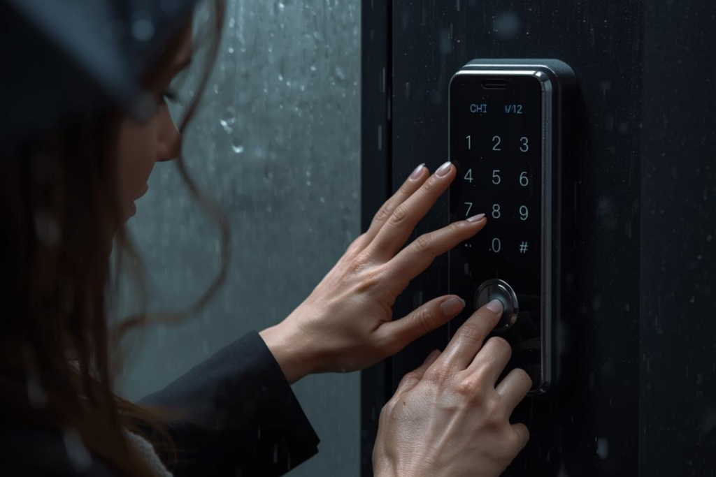 雨で手が濡れて指紋認証が反応しにくいイメージ