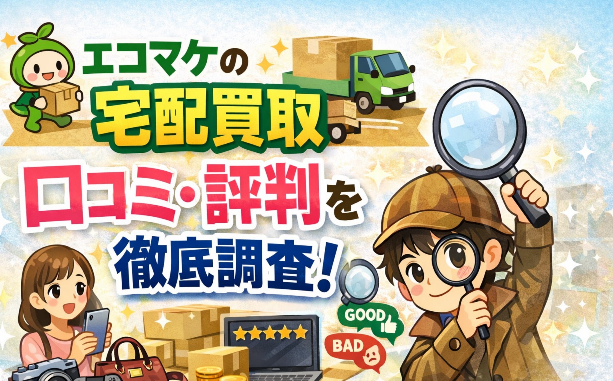 エコマケの宅配買取の口コミ・評判を徹底調査するアイキャッチ画像。エコマケのキャラクター、段ボールとトラック、虫眼鏡の調査キャラ、GOOD/BAD評価のイラスト。