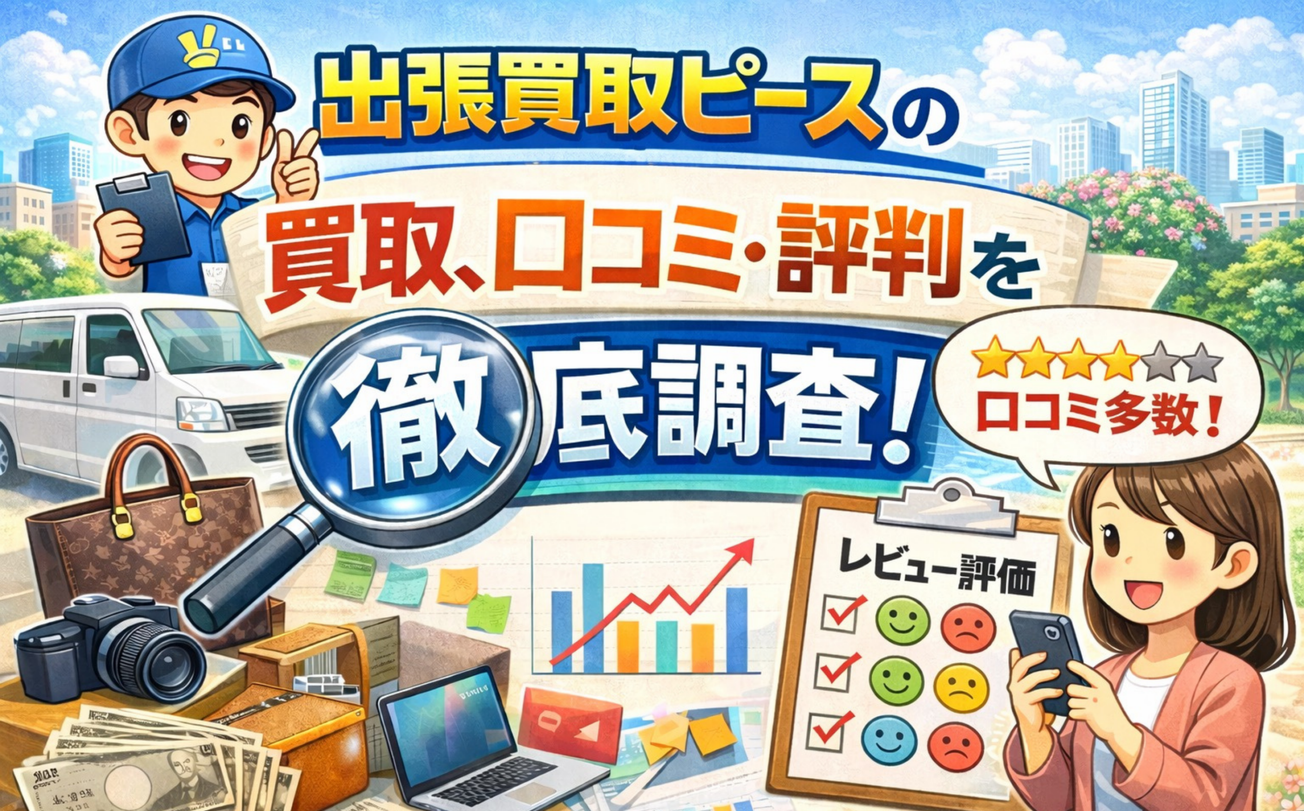 出張買取ピースの買取に関する口コミ・評判を調査するイメージ（出張査定・評価チェック）