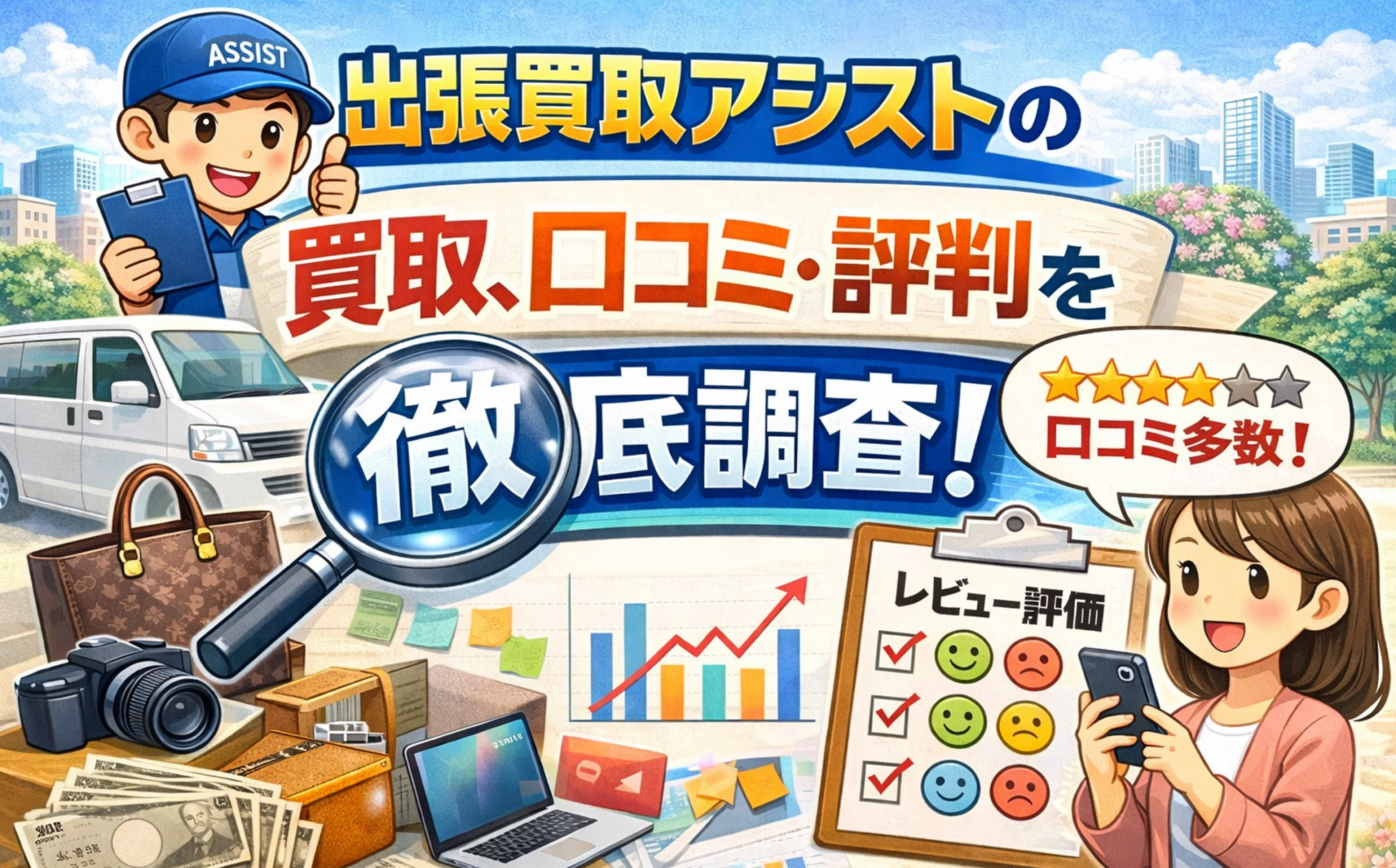 出張買取アシストの買取口コミ・評判を徹底調査するイメージ（出張車・レビュー評価・買取品）