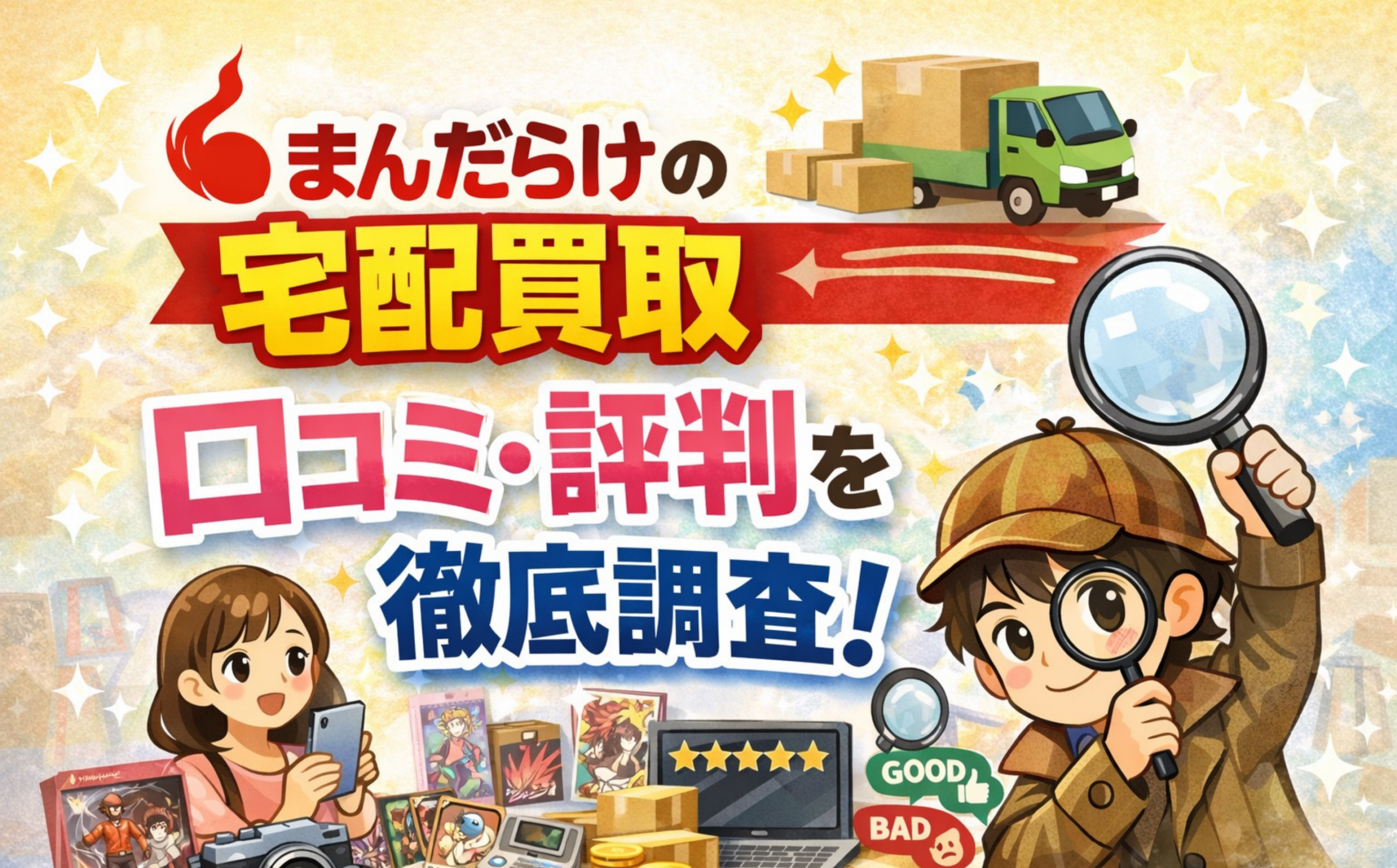 まんだらけの宅配買取の口コミ・評判を徹底調査するアイキャッチ画像。段ボールとトラック、ホビー品のイラスト、虫眼鏡の調査キャラと評価表示。