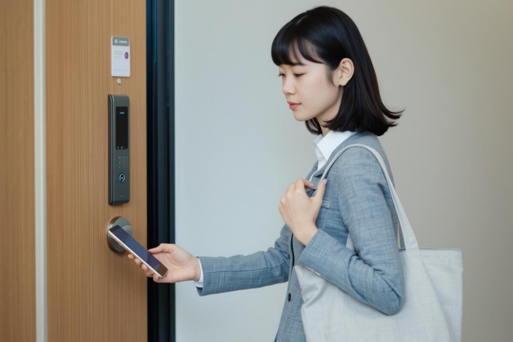 鍵を探さずスマホで解錠できてストレスが減るイメージ