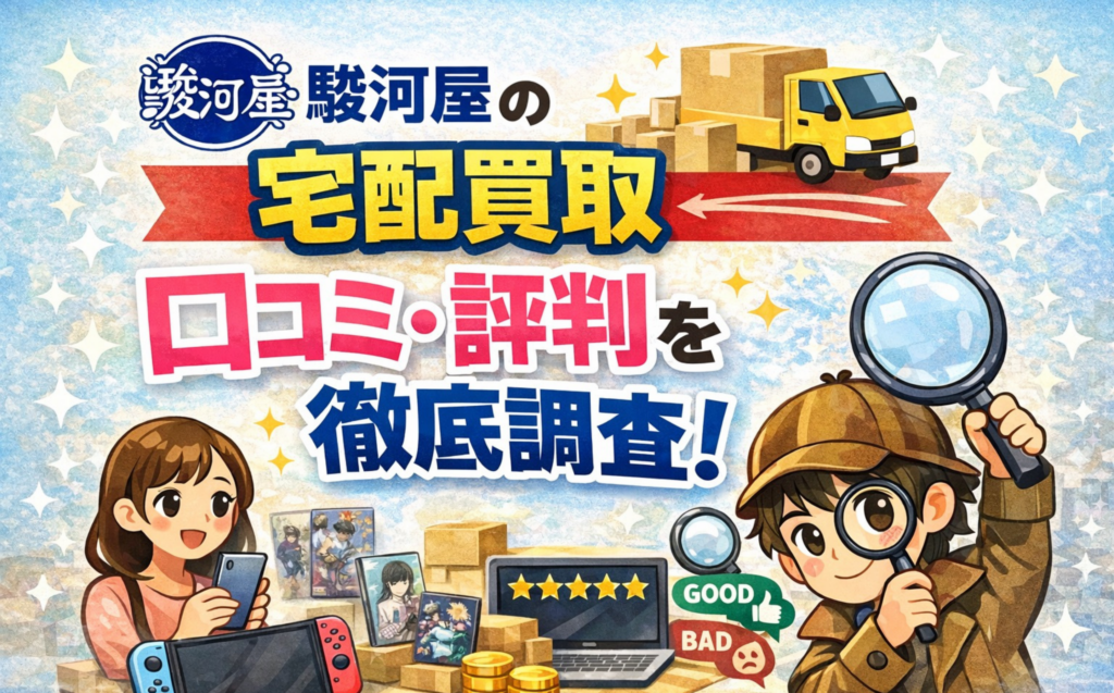 駿河屋の宅配買取の口コミ・評判を徹底調査するアイキャッチ画像。段ボールとトラック、虫眼鏡のキャラクター、GOOD/BAD評価のイラスト。