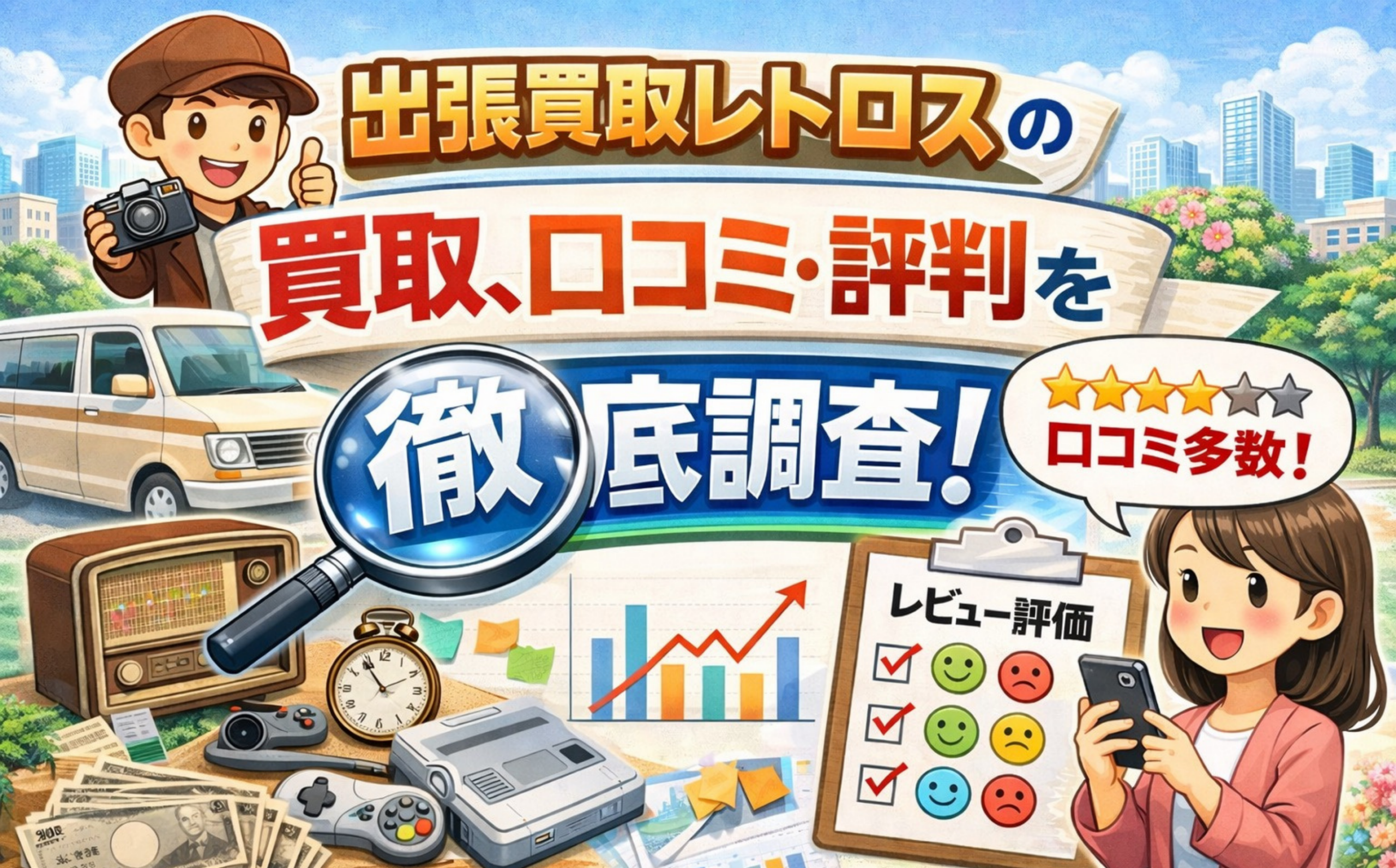出張買取レトロスの買取口コミ・評判を徹底調査するイメージ（レトロ品・査定・レビュー評価）