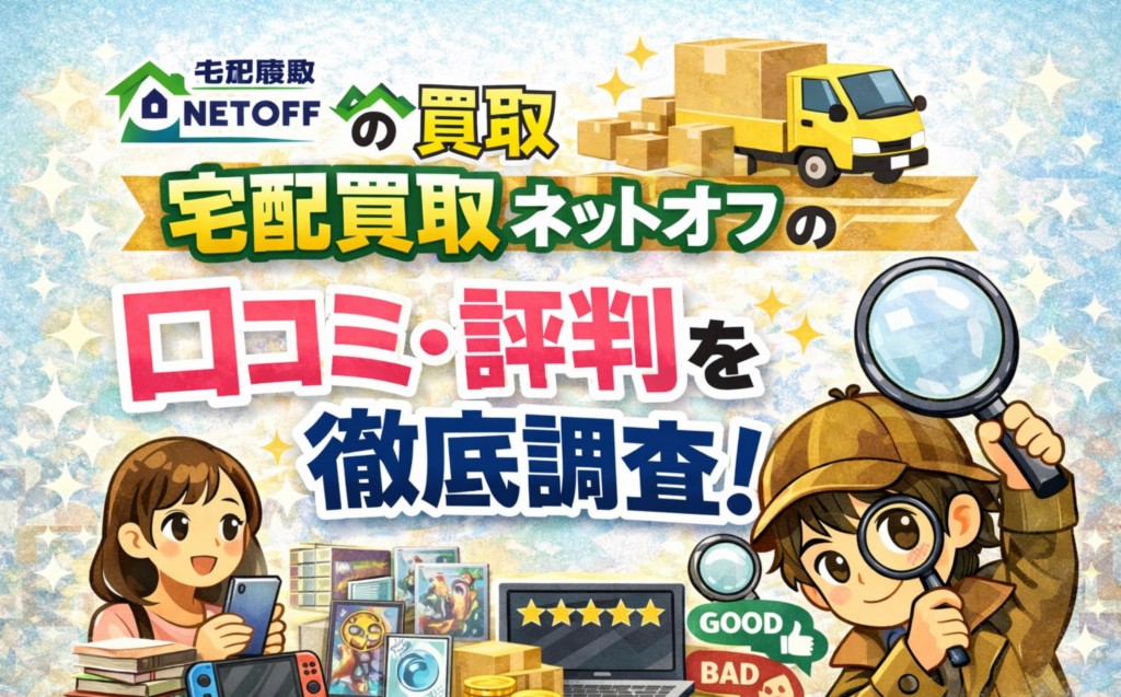 宅配買取ネットオフの口コミ・評判を徹底調査するアイキャッチ画像。トラックと段ボール、虫眼鏡の調査キャラ、評価(★)のイラスト
