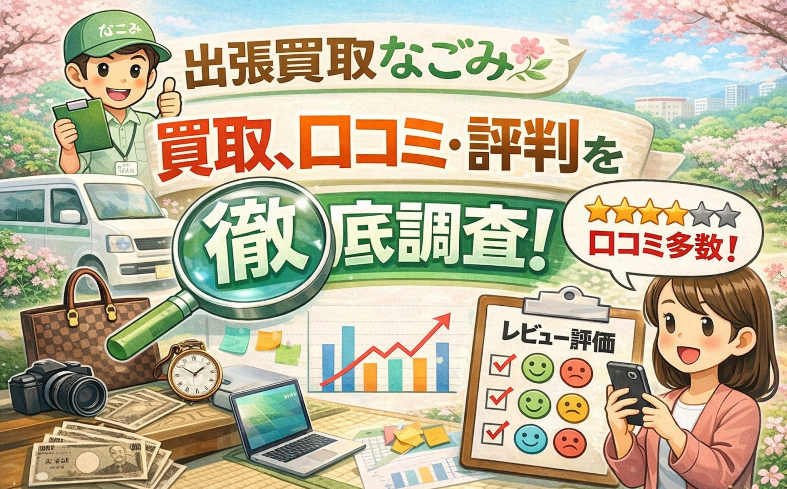 出張買取なごみの買取サービスの口コミ・評判を調査するイメージ（出張査定・レビュー評価・買取品）