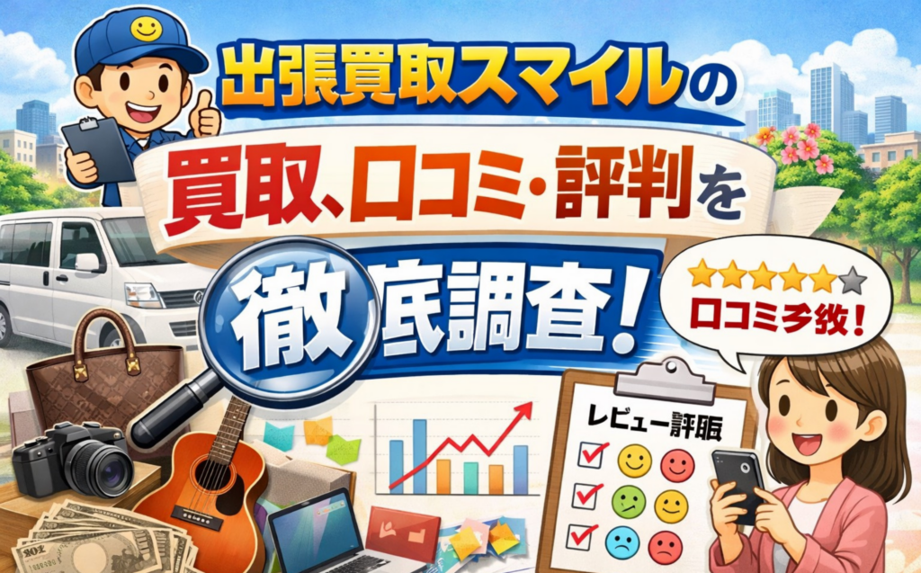 出張買取スマイルの買取口コミ・評判を徹底調査するイメージ（査定員・買取品・レビュー評価）