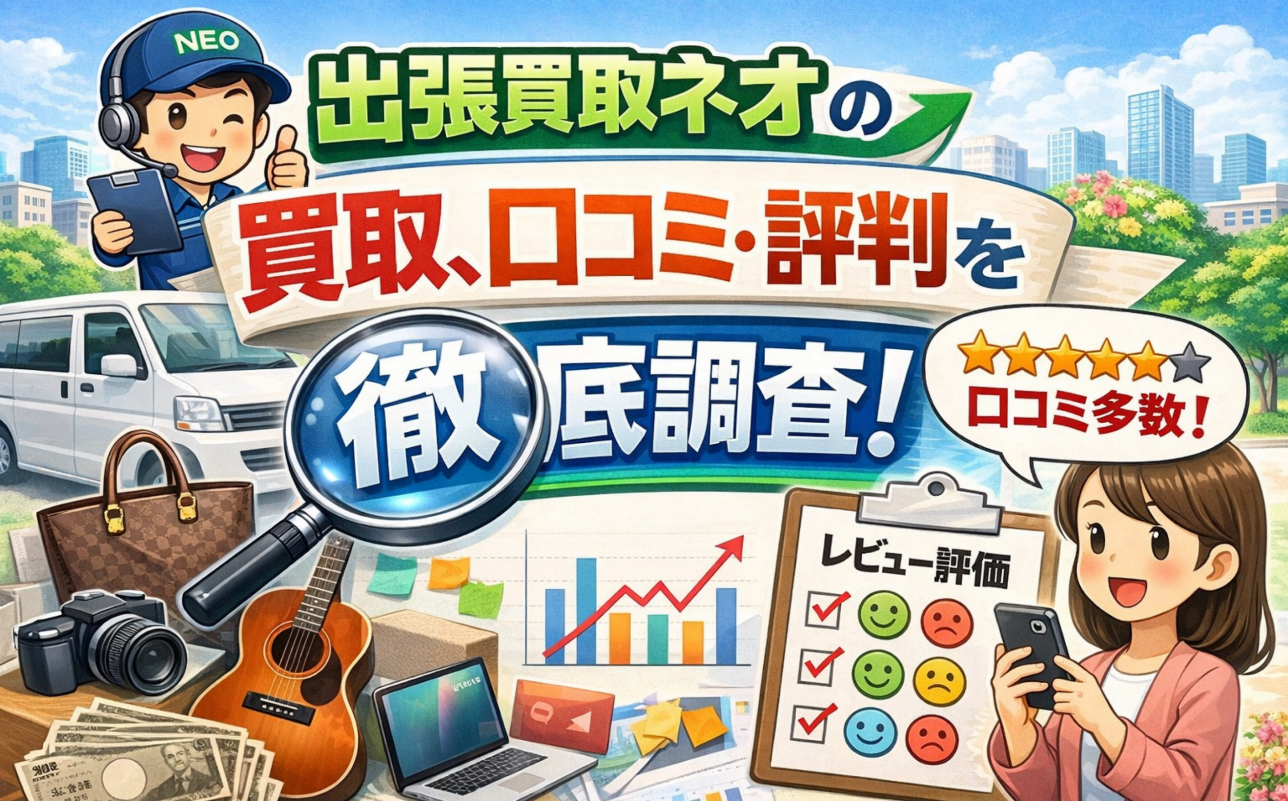 出張買取ネオの買取サービスの口コミ・評判を徹底調査するイメージ（出張査定・評価チェック）