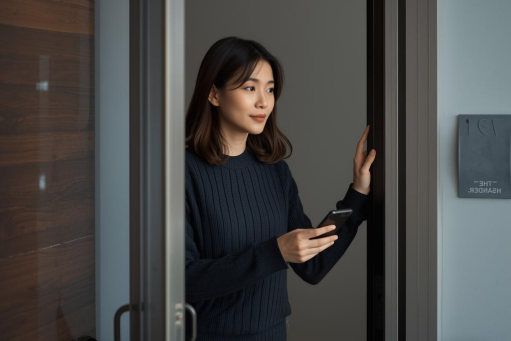 スマホ解錠で鍵探しの手間が減るイメージ(評判パート)