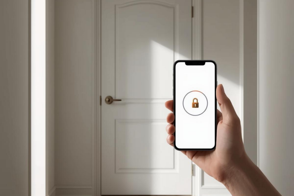 玄関前でスマホを見て不安になるイメージ(危険性パート)