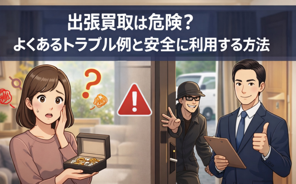 出張買取のトラブル不安と安全な利用方法をイメージしたアイキャッチ画像(女性・訪問査定員・警戒マーク)
