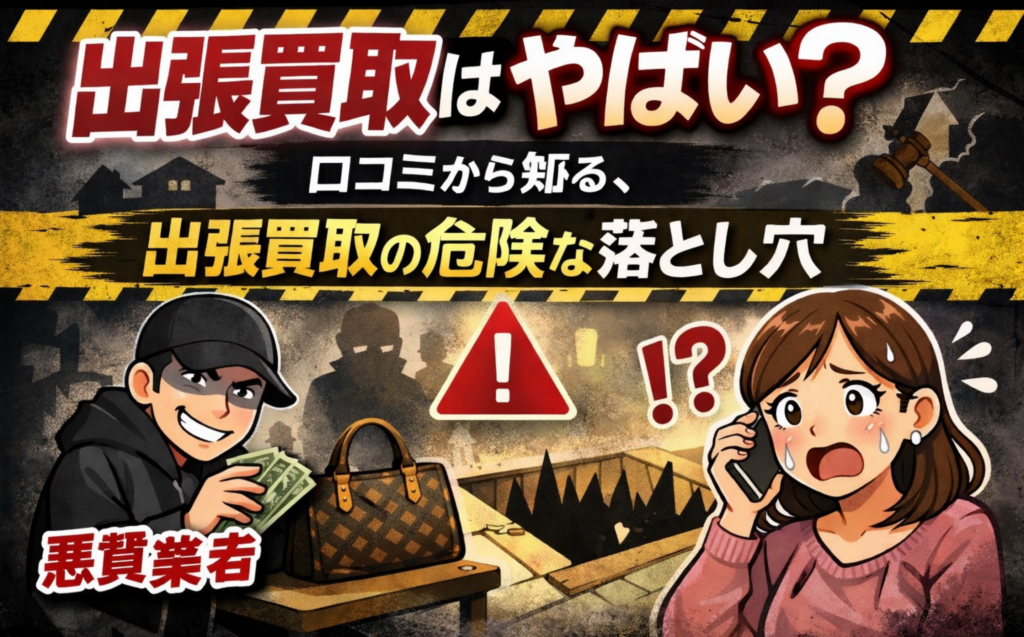 出張買取のトラブル不安と安全な利用方法をイメージしたアイキャッチ画像(女性・訪問査定員・警戒マーク)やばい