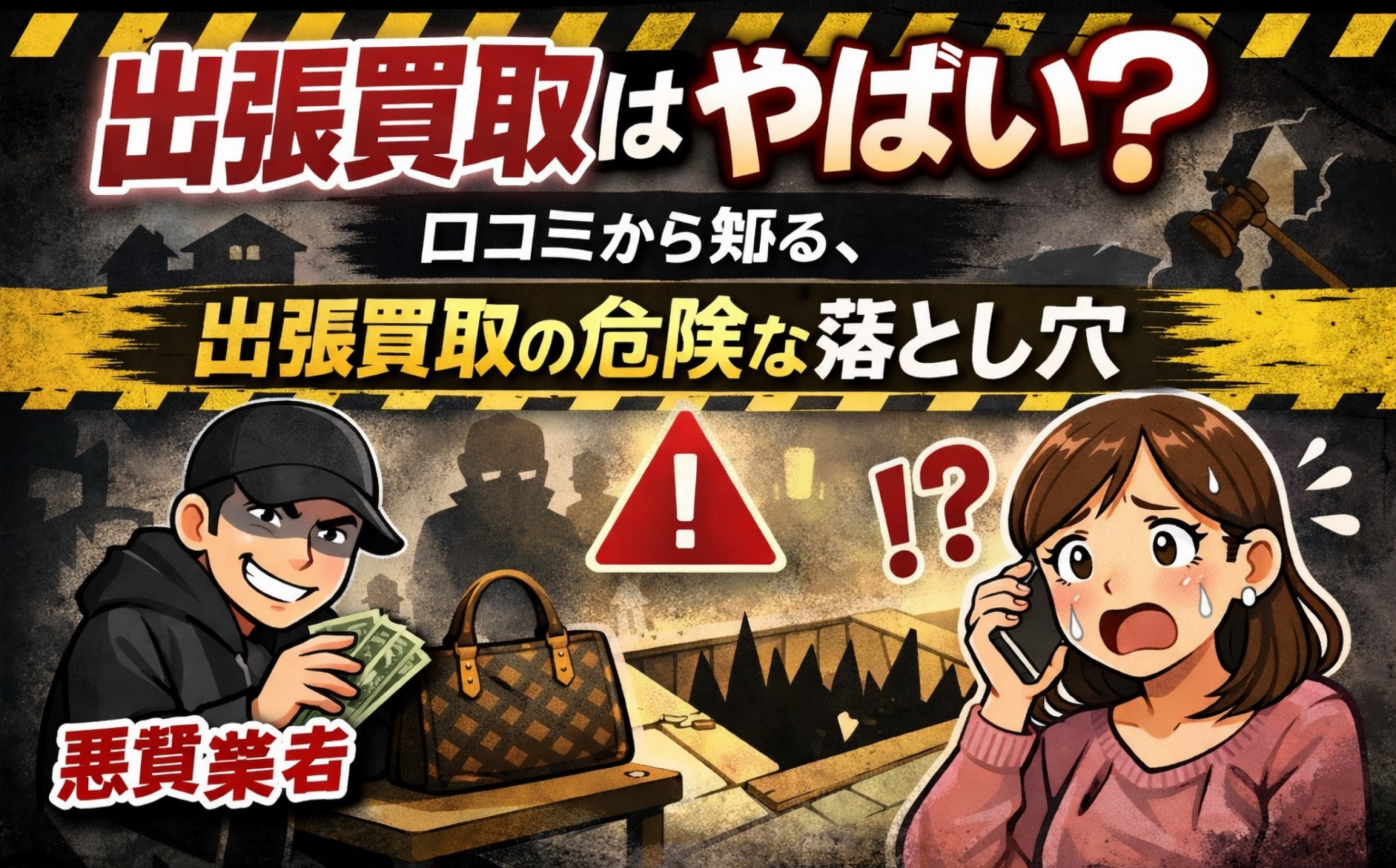 出張買取のトラブル不安と安全な利用方法をイメージしたアイキャッチ画像（女性・訪問査定員・警戒マーク）やばい