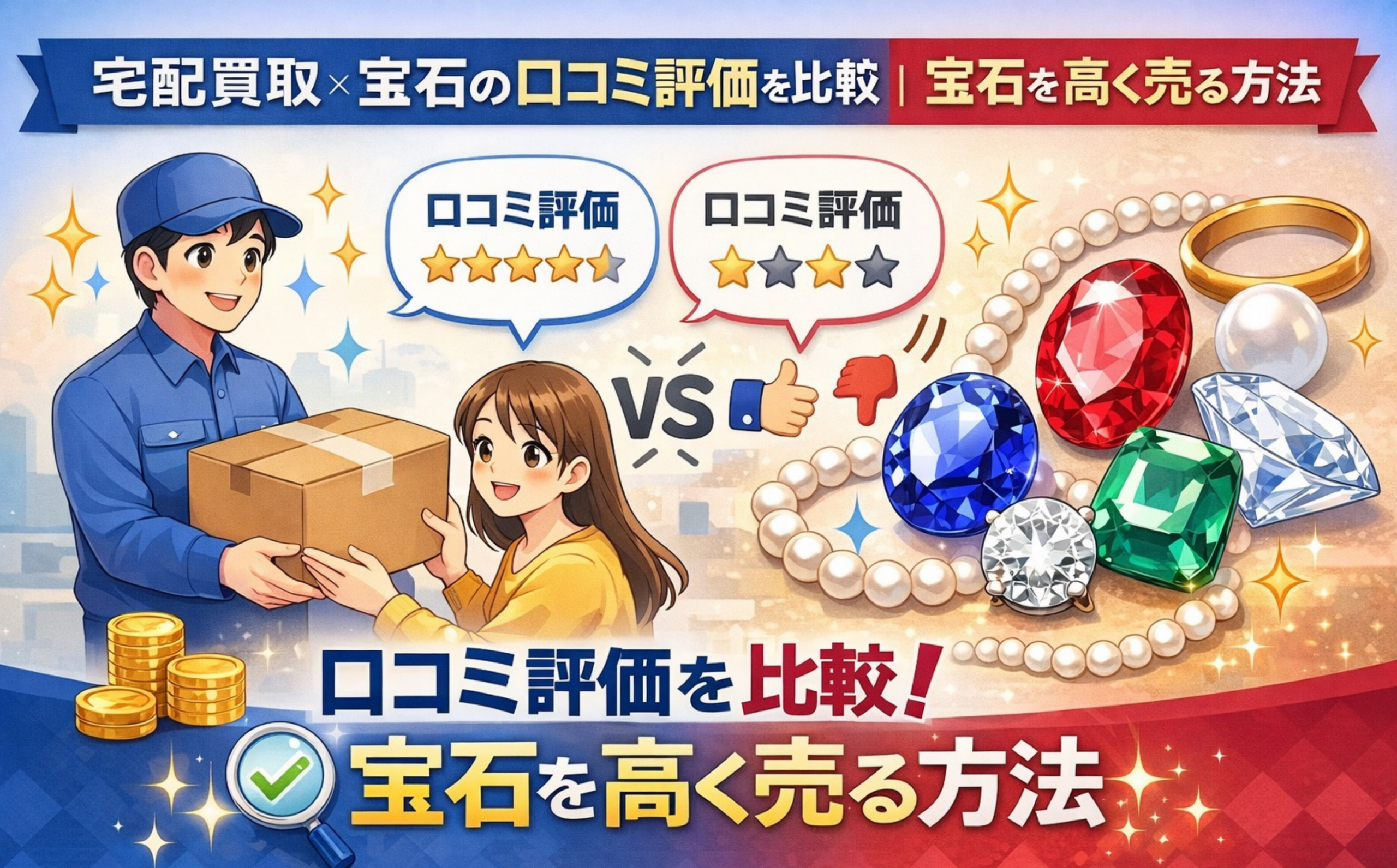 宅配買取で宝石を売る際の口コミ評価比較と、宝石を高く売る方法をイメージした横長アイキャッチ画像