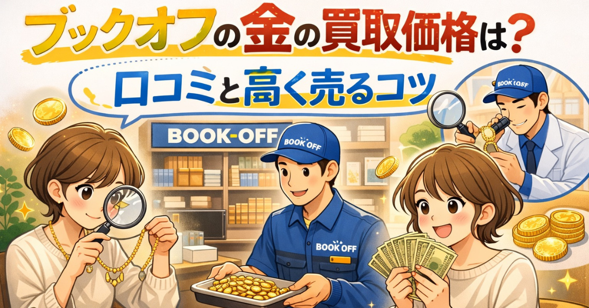 ブックオフの金買取について、口コミと高く売るコツを紹介するアイキャッチ画像