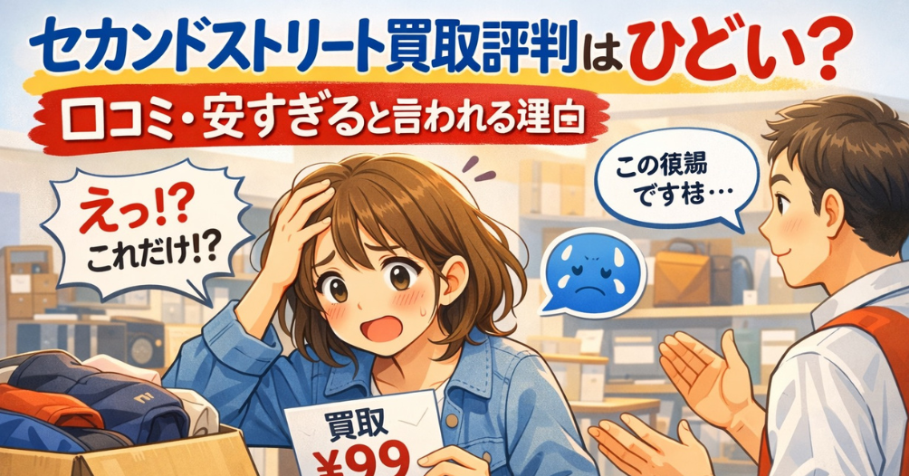 セカンドストリート買取評判について、査定額の安さに驚く女性とスタッフの様子を描いたイメージ画像