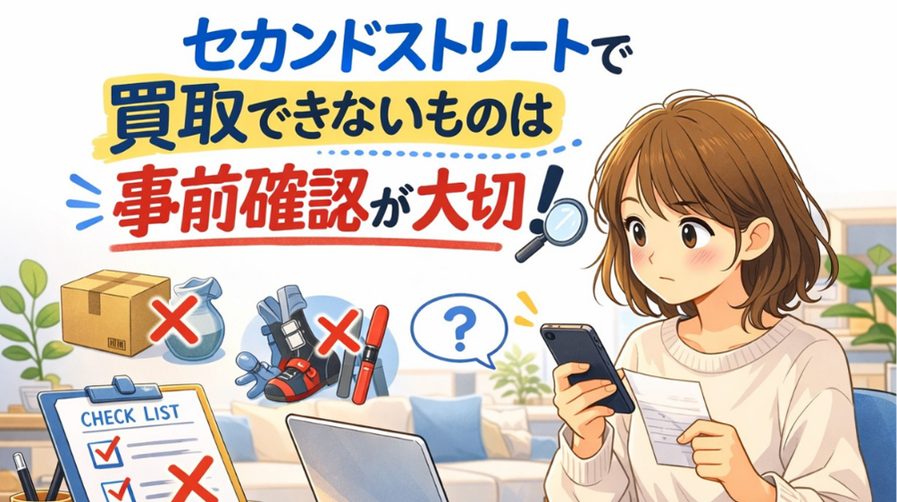 セカンドストリートで買取できないものを事前確認する大切さを伝えるアイキャッチ画像。スマホと書類を持つ女性の前に、買取不可を示す段ボール箱や衣類やスキー用品のイラストが配置されている