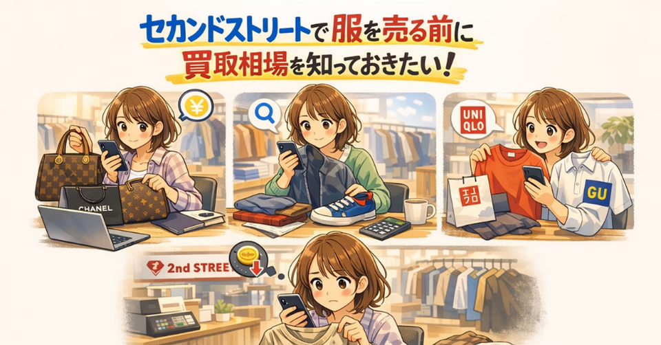 セカンドストリートで服を売る前に買取相場を調べる女性と服の種類別イメージ