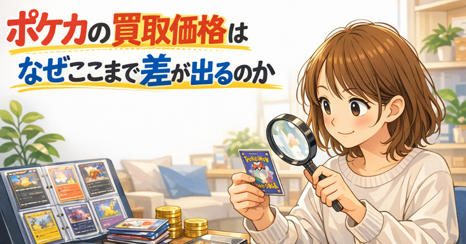 ポケモンカードをルーペで確認しながら、ポケカの買取価格差が出る理由をイメージした人物イラスト
