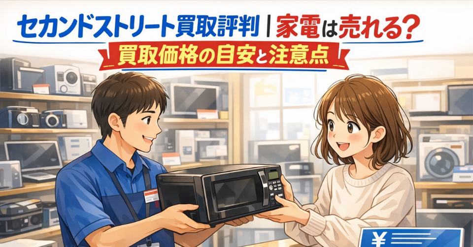 セカンドストリートの店頭で電子レンジを査定に出す女性とスタッフを描いた、家電買取価格の目安と注意点を紹介するアイキャッチ画像