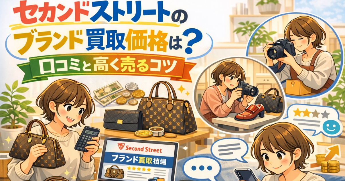 セカンドストリートのブランド買取価格や口コミ、高く売るコツを調べる女性とブランドバッグ・財布・時計が描かれたアイキャッチ画像