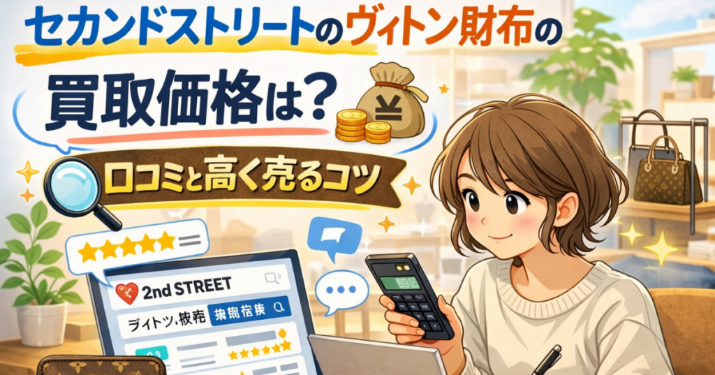 セカンドストリートのヴィトン財布の買取価格や口コミ、高く売るコツを調べている女性のアイキャッチ画像