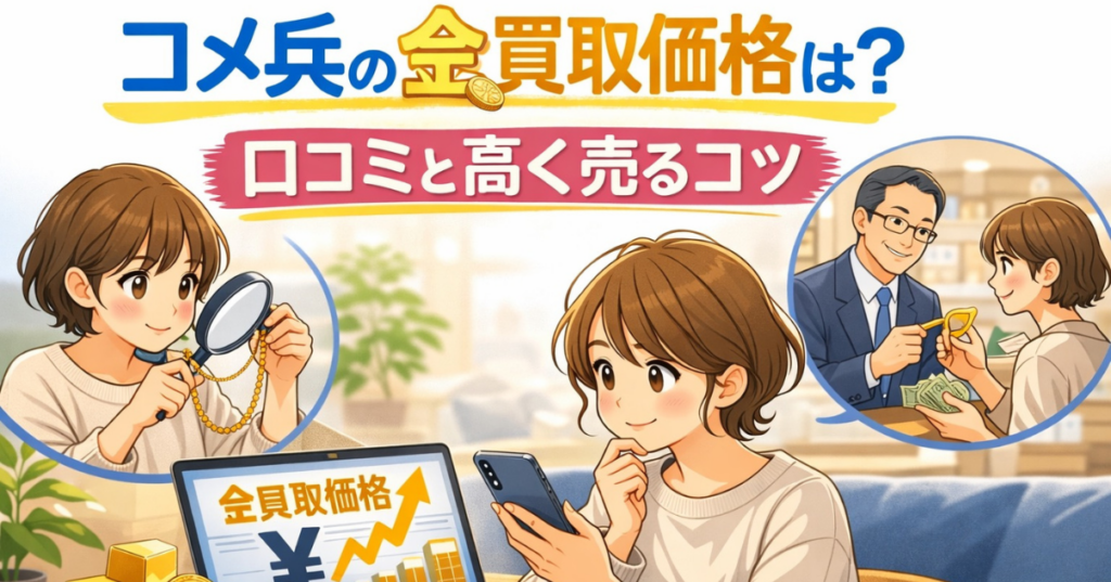 コメ兵の金買取価格や口コミ、高く売るコツを調べている女性と査定シーンのイラスト