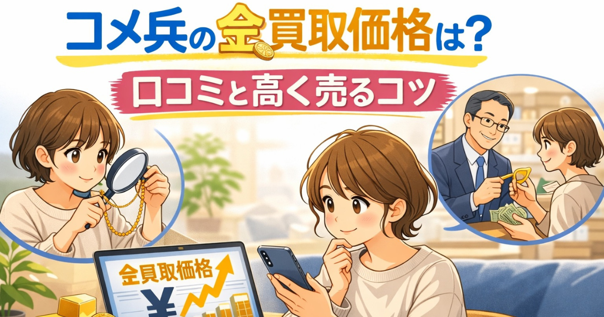 コメ兵の金買取価格や口コミ、高く売るコツを調べている女性と査定シーンのイラスト