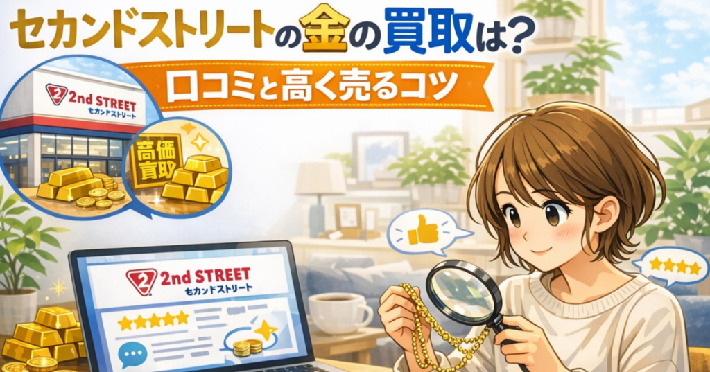 金のネックレスを拡大鏡で確認しながら、セカンドストリートの金買取の口コミと高く売るコツを調べている女性のイラスト
