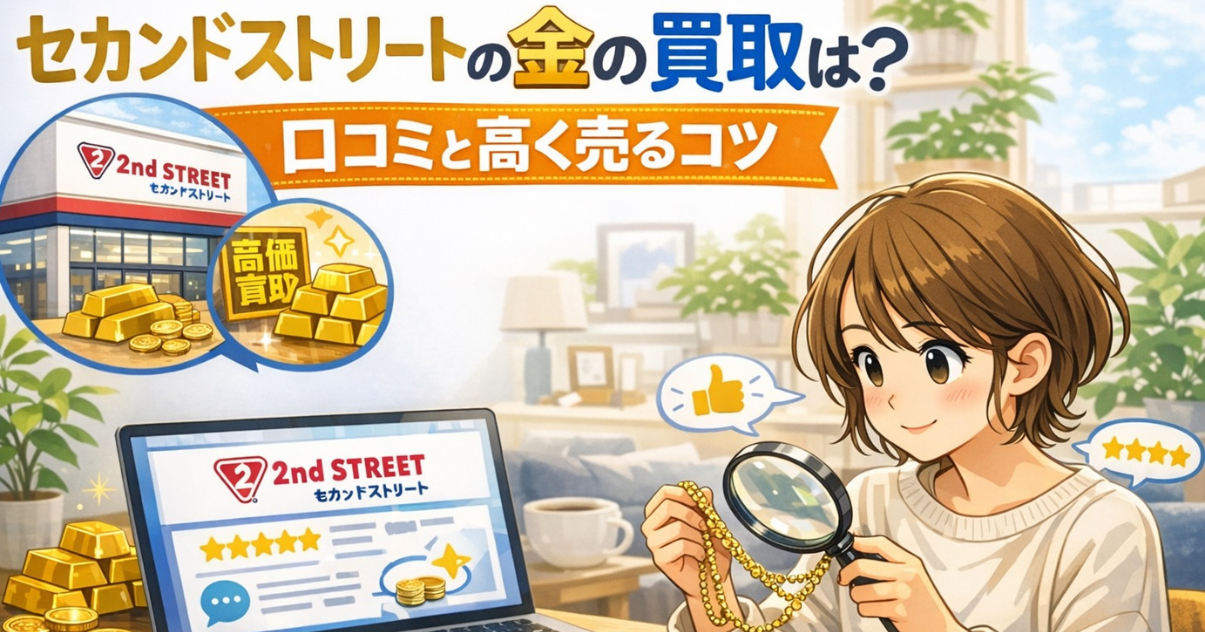 金のネックレスを拡大鏡で確認しながら、セカンドストリートの金買取の口コミと高く売るコツを調べている女性のイラスト