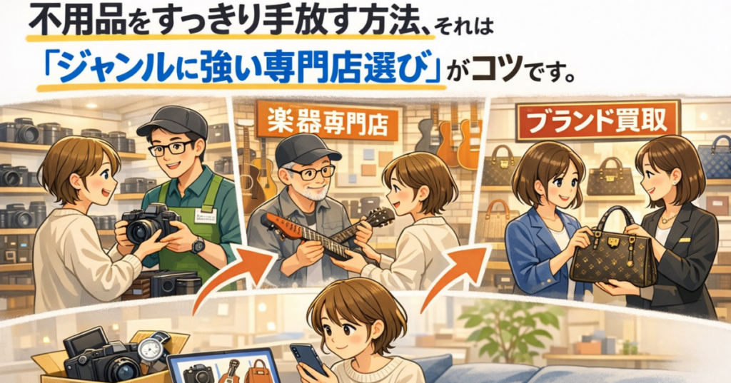 バッグやカメラ、ゲーム機などを専門買取店に出すことで納得して手放せることを表現したイラスト
