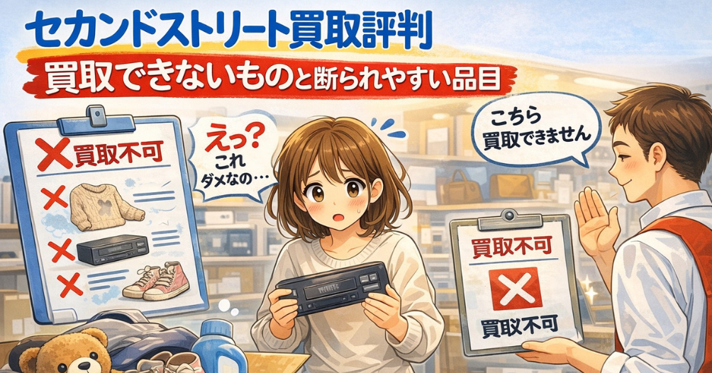 セカンドストリート買取評判の記事用に、買取不可の品目を案内される女性とスタッフを描いたイメージ画像
