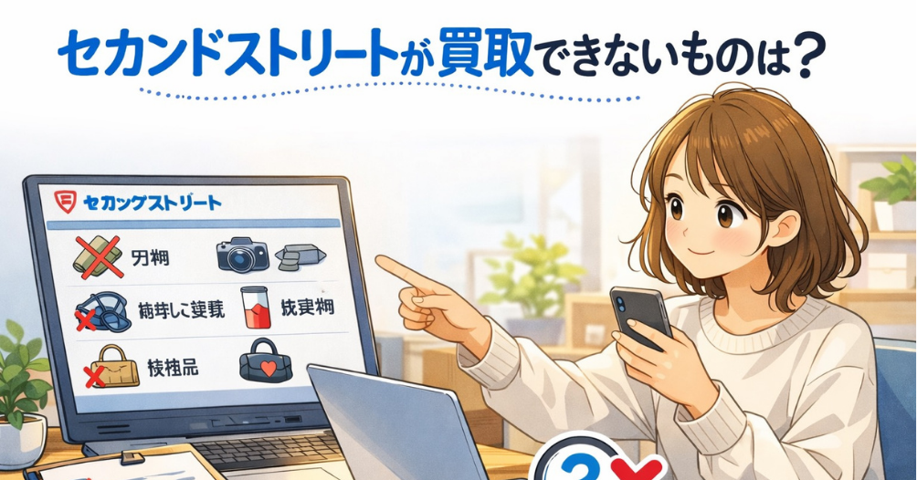 セカンドストリートが買取できないものは何かを調べる女性のアイキャッチ画像。パソコン画面に買取不可イメージが表示され、スマホを持ちながら確認している様子が描かれている