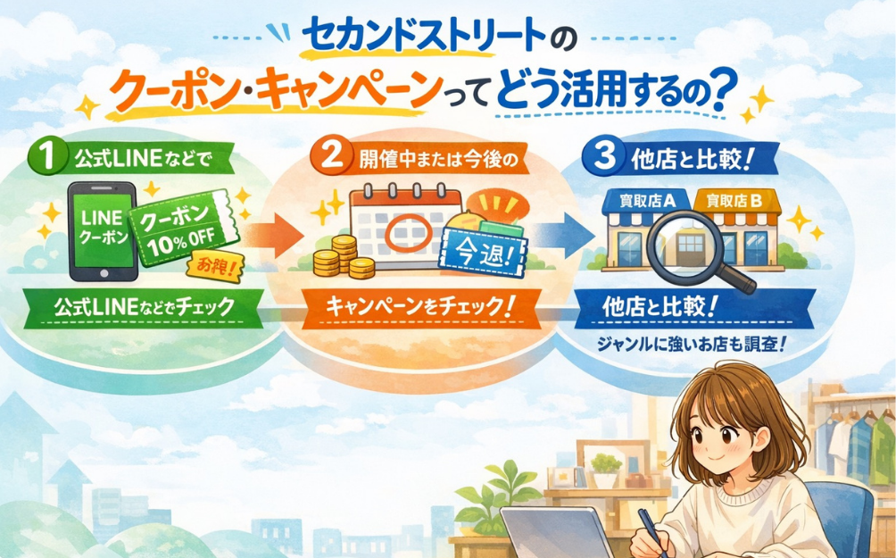 セカンドストリートで売る前にクーポンやキャンペーンを活用する方法をスマホで確認している女性のイメージ画像