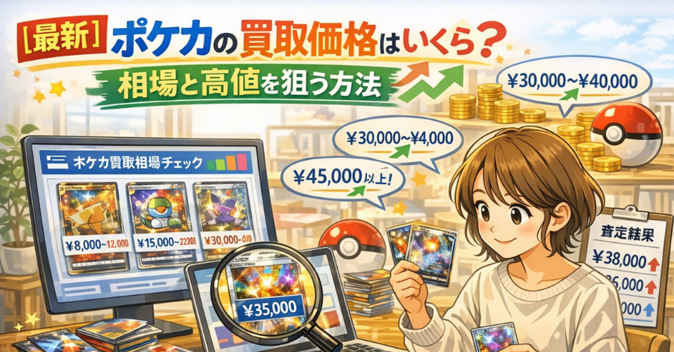 ポケモンカードの買取相場を調べながら高額査定を狙う女性とカード価格のイラスト