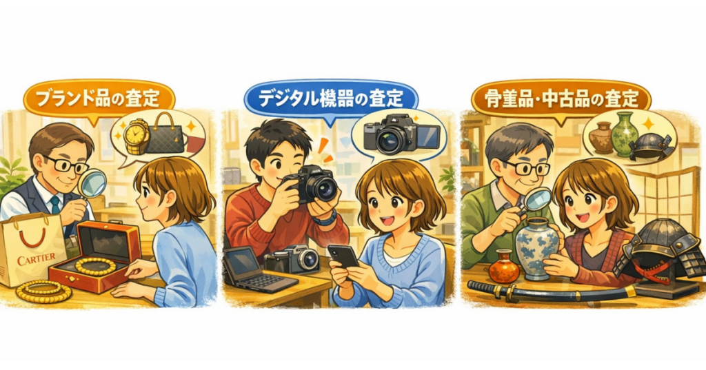 カメラ、楽器、ブランド品などをそれぞれ専門店で査定してもらう大切さを表現したイラスト
