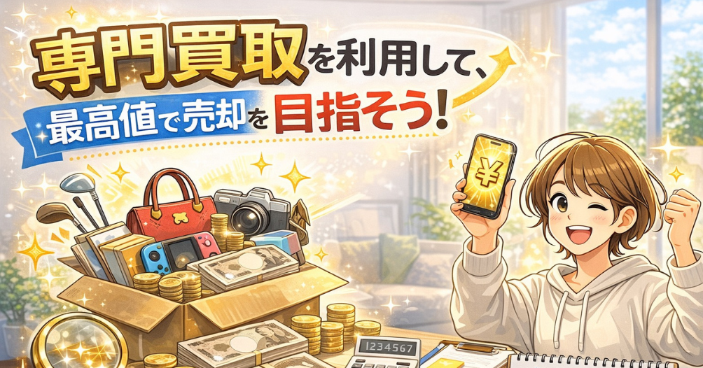 専門買取を利用して高く売ることを提案するアイキャッチ画像。ブランド品やバッグなどをまとめて査定し、最高値を目指すイメージ。