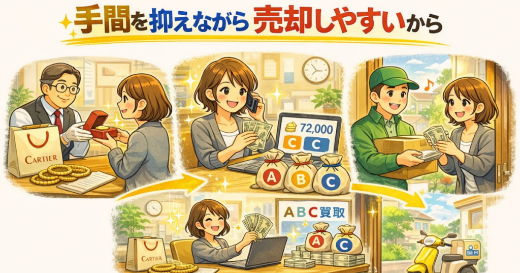 不用品を査定に出し、比較しながら売却して現金化する流れをわかりやすく表現したイラスト
