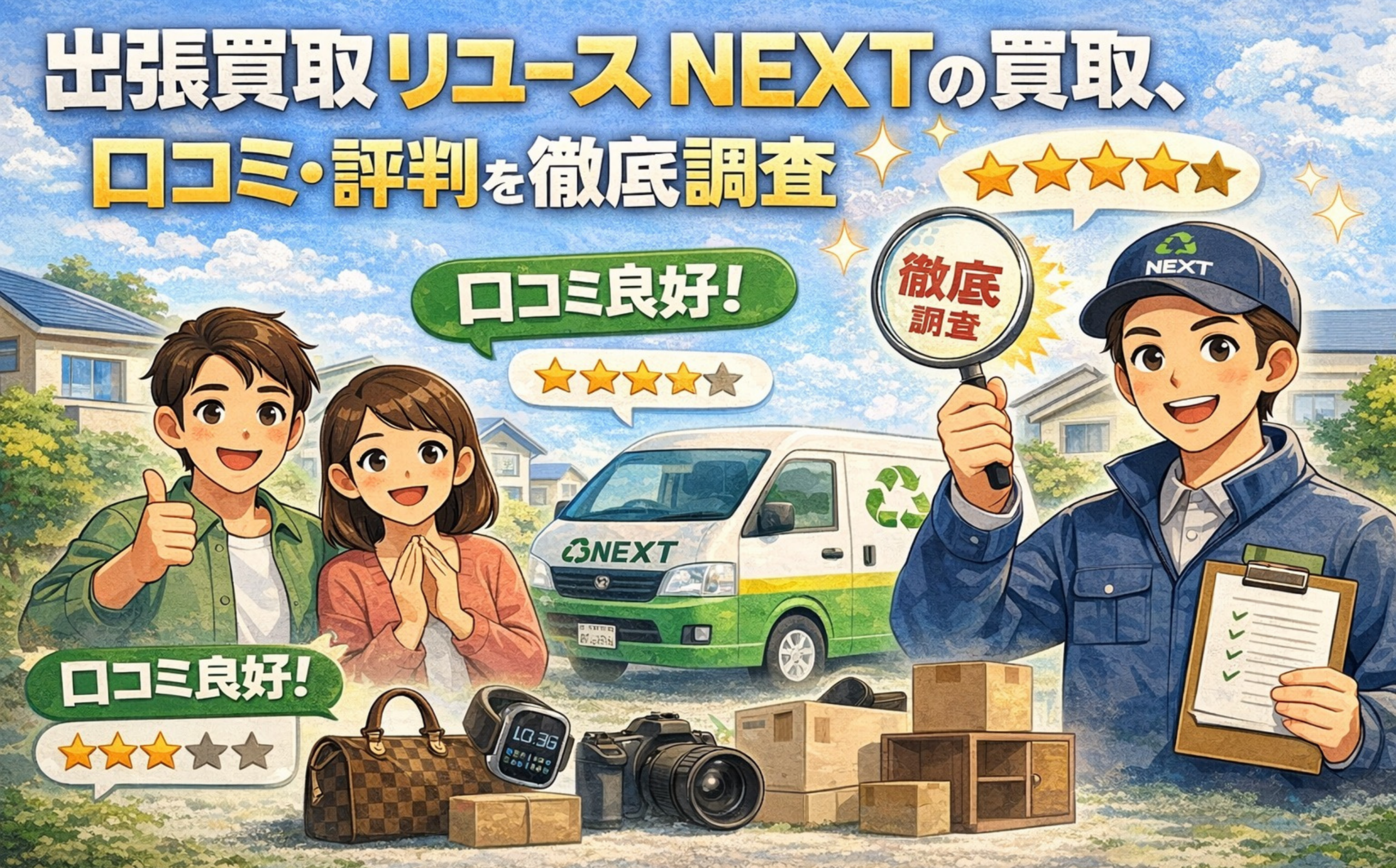 出張買取リユースNEXTの口コミや評判を調査したアイキャッチ画像。高評価レビューや査定の様子、買取対象品をイラストで表現。
